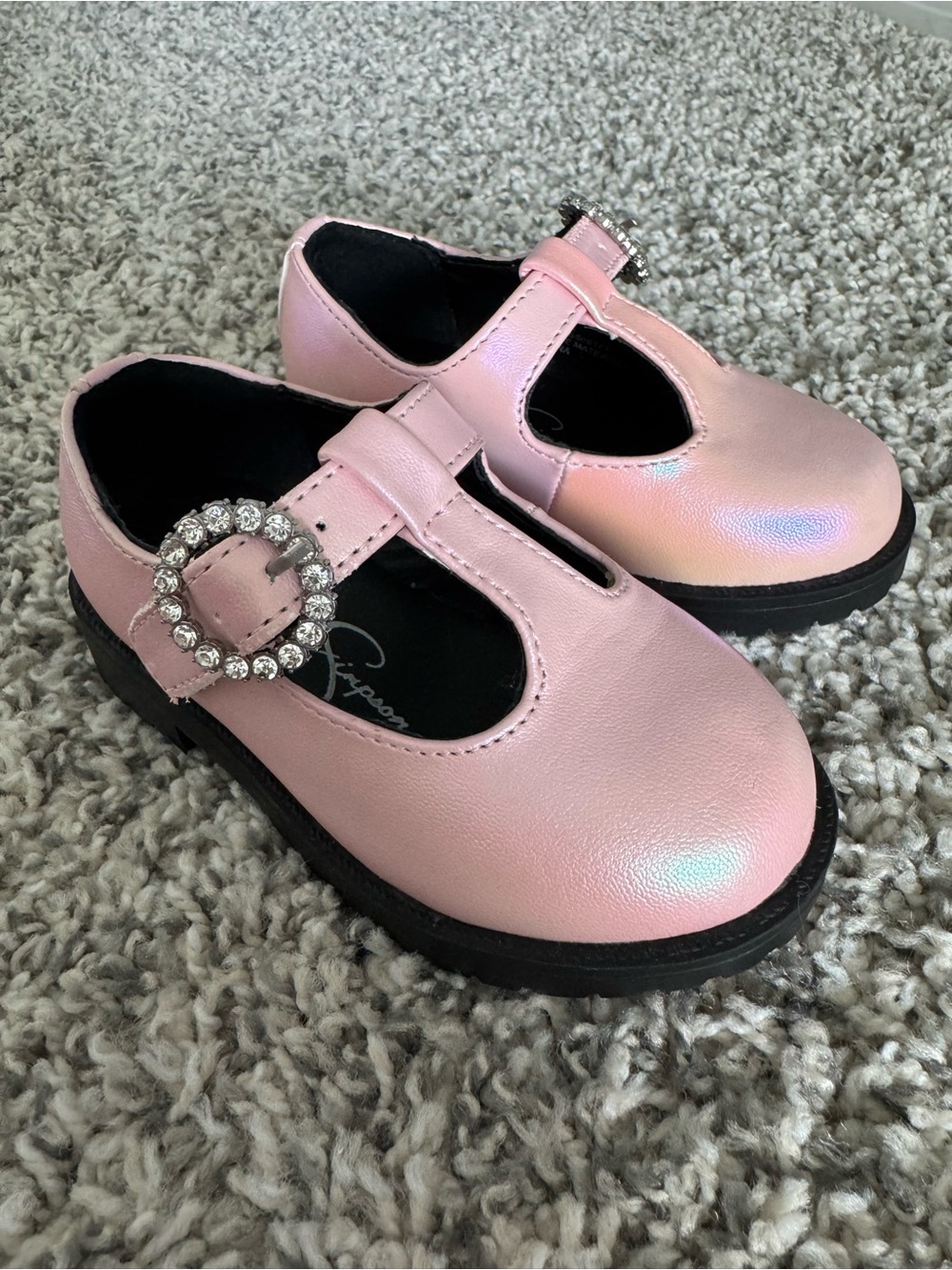 Girls Pink T-Strap Mary Jane Shoes with Rhinestone Buckle